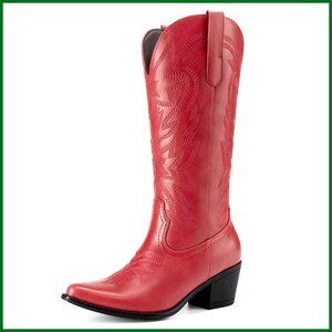 Western Cowboy Boots Low Chunky Heel Snip Toe Embroidery Mid Calf